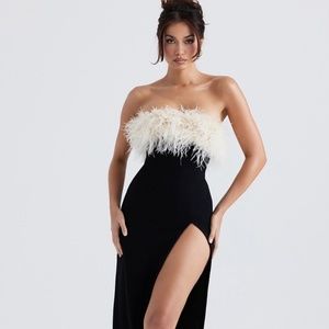 House of CB Sarai cocktail dress with feather trim